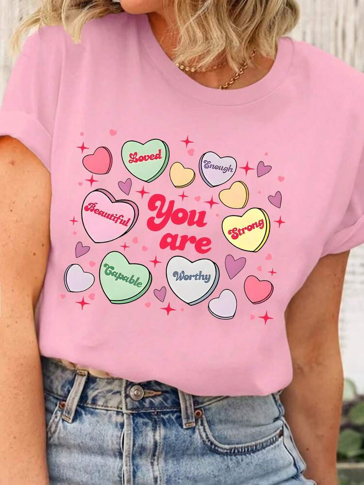 EMERY ROSE Women's Valentine's Day Cute Candy Heart & "You're Enough" Graphic Vintage Style Tee, Casual Valentine's T-Shirt Gift | SHEIN