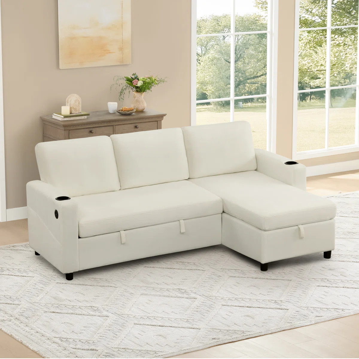 84" Modern 3-Seater Pull Out Sofa Bed L-Shaped Sofa Couch with Storage Chaise | Wayfair North America