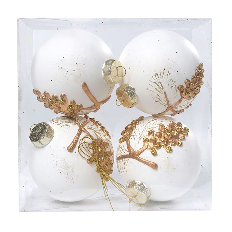 Gold 4-Count White with Gold Accent Ball Ornaments, 3.9" | At Home