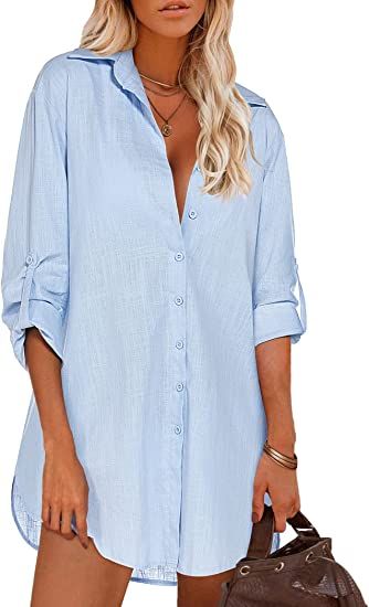 Hotouch Women Boyfriend Shirts Button Down Long Sleeve Blouse Cuffed Sleeve Collared Shirt | Amazon (US)