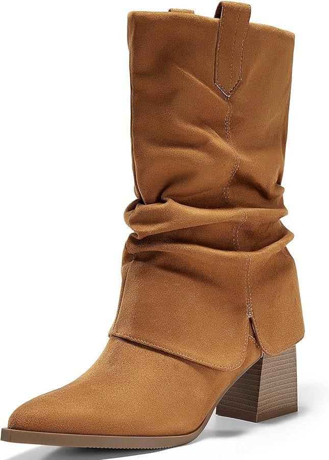 Coutgo Womens Fold Over Mid Calf Boots Slouchy Pointed Toe Chunky Heel Boots Pull On Winter Weste... | Amazon (US)