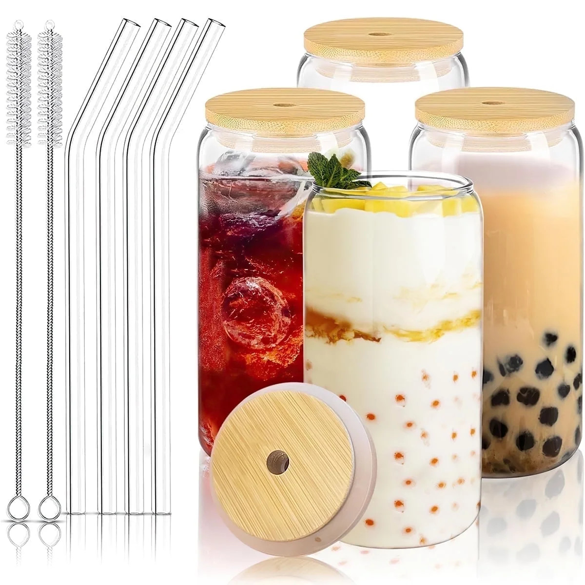 4 PCS Glass Cups with Bamboo Lids and Glass Straw Set, 16 OZ Can Shaped Glass Cups for Beer, Ice ... | Walmart (US)