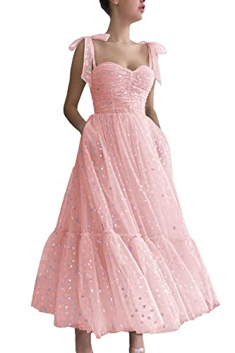 Bow Straps Hearty Tulle Prom Dresses with Tea Length A-line Sweetheart Plus Size Formal Evening Party Gowns Pink for Women US28W | Amazon (US)