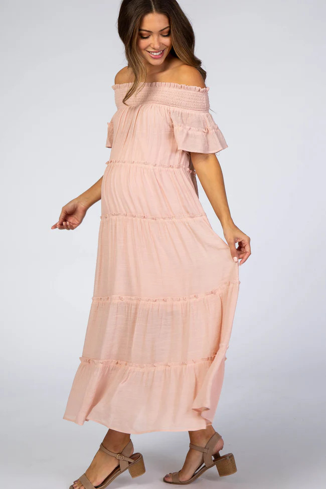 Mauve Off Shoulder Tiered Maternity Maxi Dress | PinkBlush Maternity