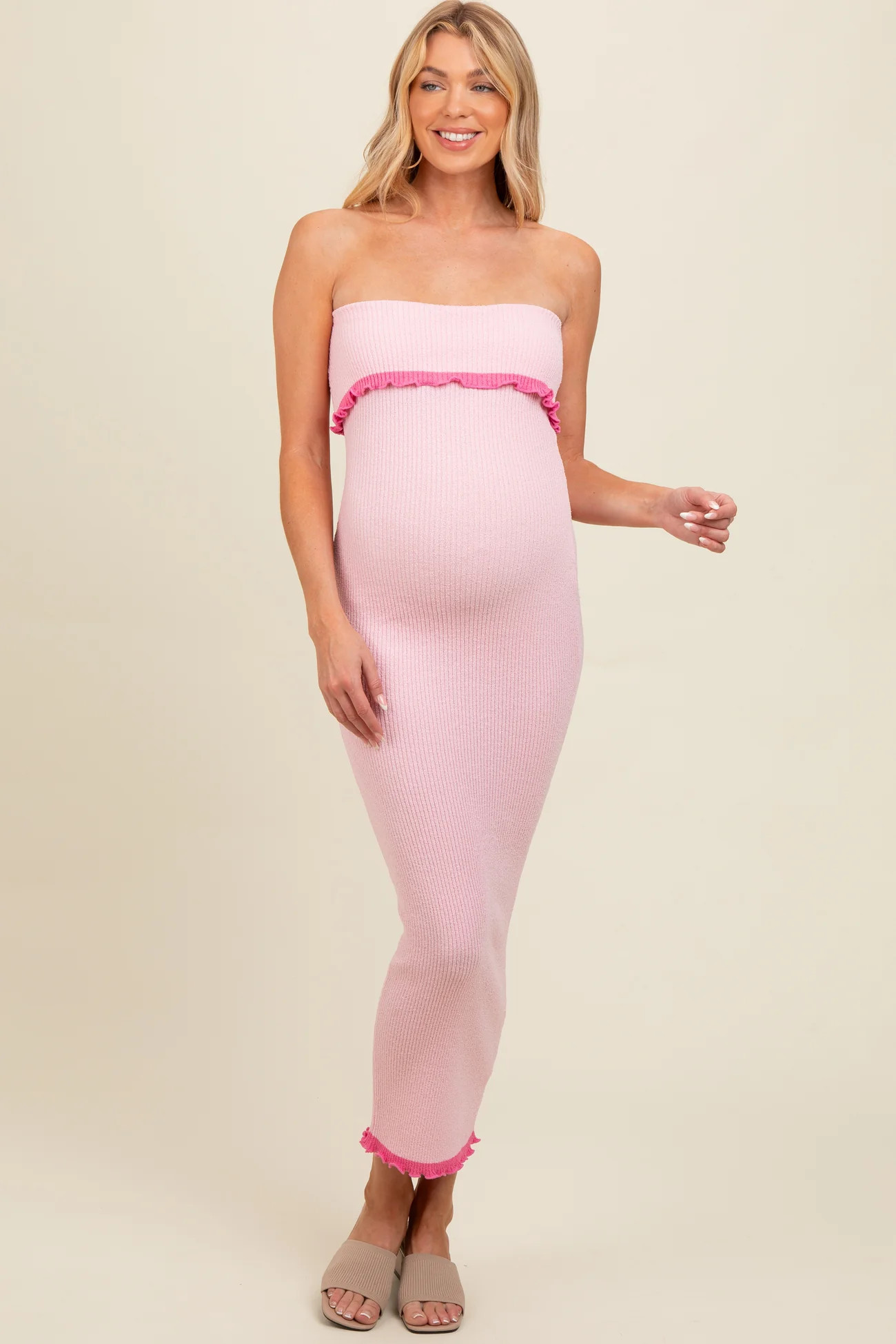 Pink Contrast Trim Maternity Strapless Knit Dress | PinkBlush Maternity