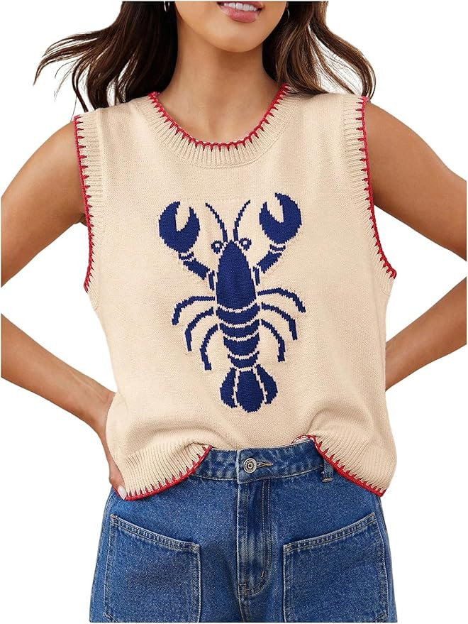 Verdusa Women's Lobster Crochet Tops Sweater Vest Summer Sleeveless Knit Tops Funny Shirts | Amazon (US)