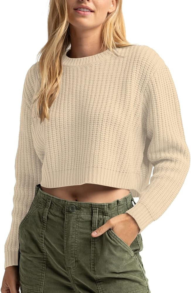 Jumppmile Women's Cropped Sweater Knit Long Sleeve Crewneck Soft Pullover Sweater Top | Amazon (US)