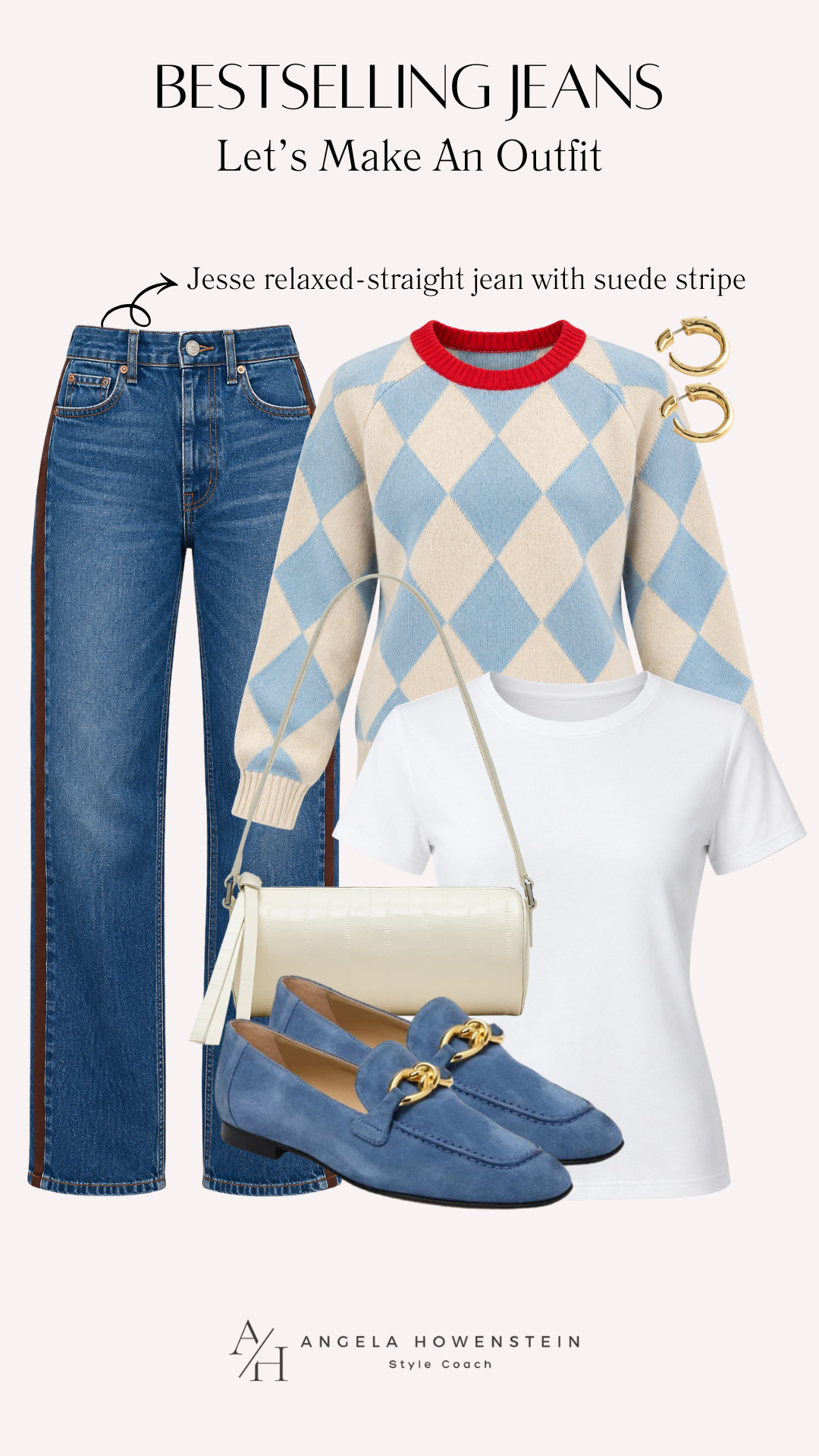 These J.Crew Jesse relaxed-straight jeans are a bestseller for a reason! The suede stripe adds a special detail, and I love them with this powder-blue argyle sweater and matching blue suede loafers. 

👩‍💻 LTK PRO TIPS
❤️ Heart = Support my posts ;-)
🔖 Save = Get sale & restock alerts for the things you love!
📋 Lists = Keep favorites organized (List ideas: Christmas, Birthdays, and Vacations!)
📲 Share = Send lists and products to a friend (or your daughters like me).
💬 Comment = Ask me anything, and I’ll answer. ;-) 

 #LTKootd #LTKSeasonal #LTKOver40