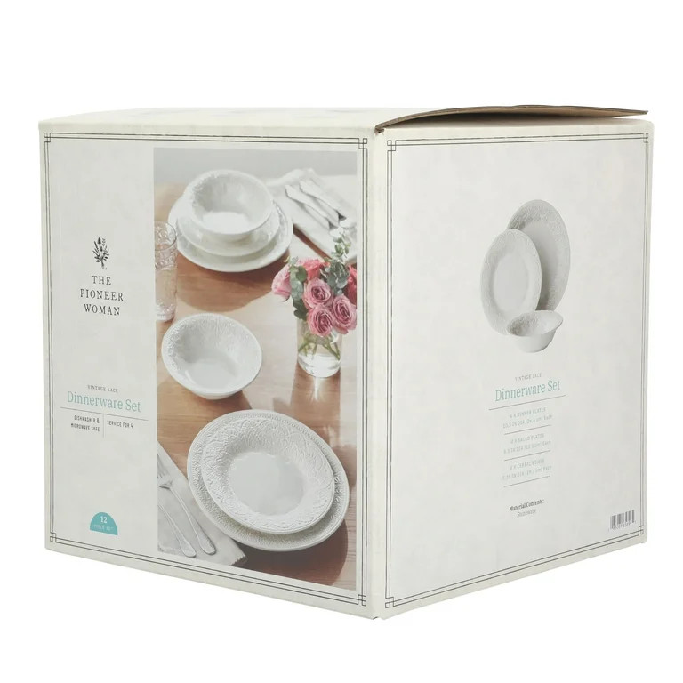The Pioneer Woman Vintage Lace 12-Piece Ceramic Dinnerware Set, Linen | Walmart (US)