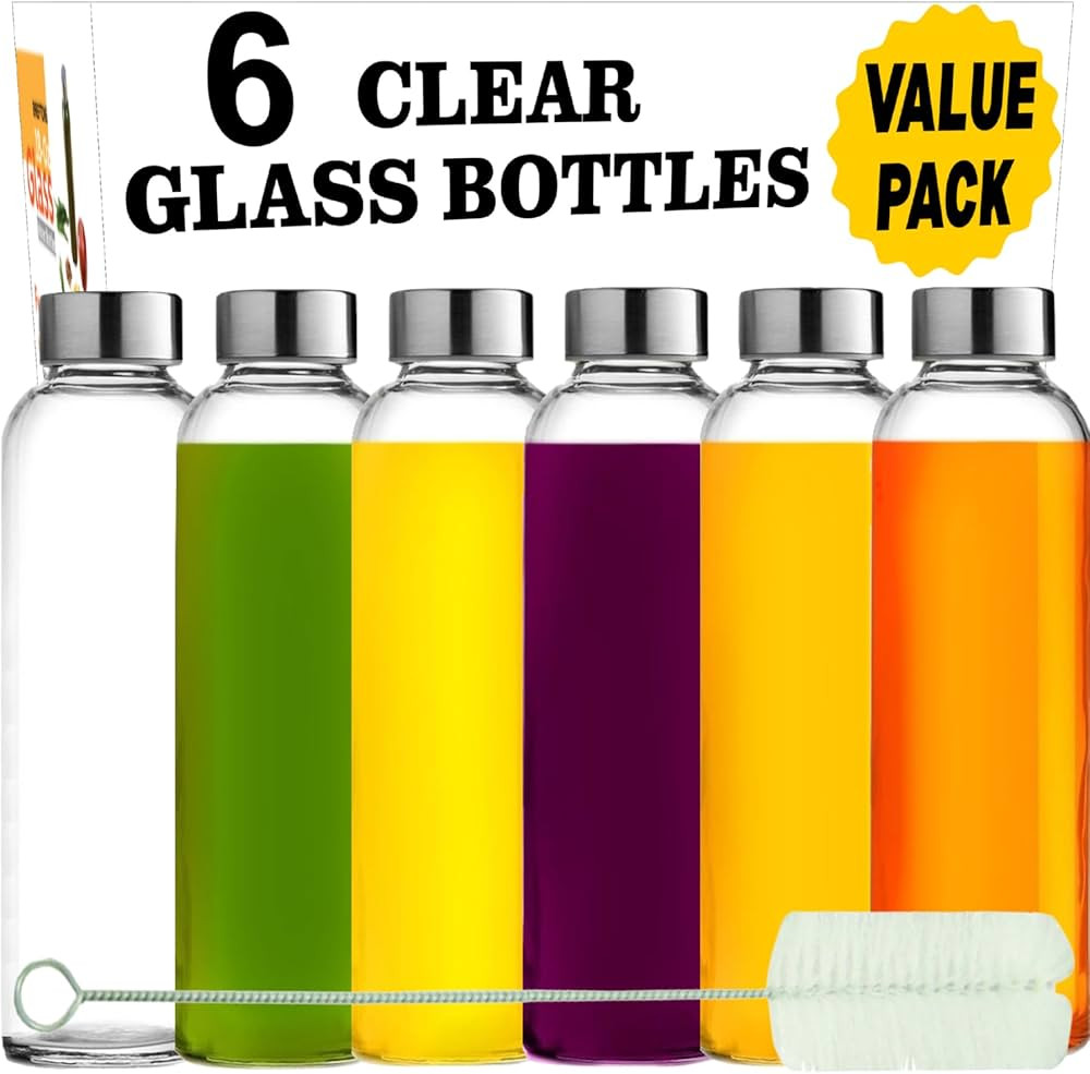 Brieftons Glass Water Bottles With Caps: Clear, 6 Pack, 18 Oz, Leakproof Lids, Premium Soda Lime,... | Amazon (US)