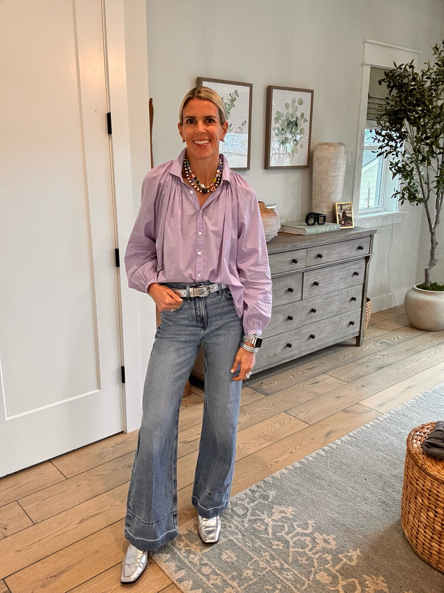 Easy effortless and elevated look. Lavender is the color of early 2035 and I am here for it. I have some of my favorite lilac tips linked below!! What a great way to have some color going into 2025  

#LTKOver40 #LTKStyleTip