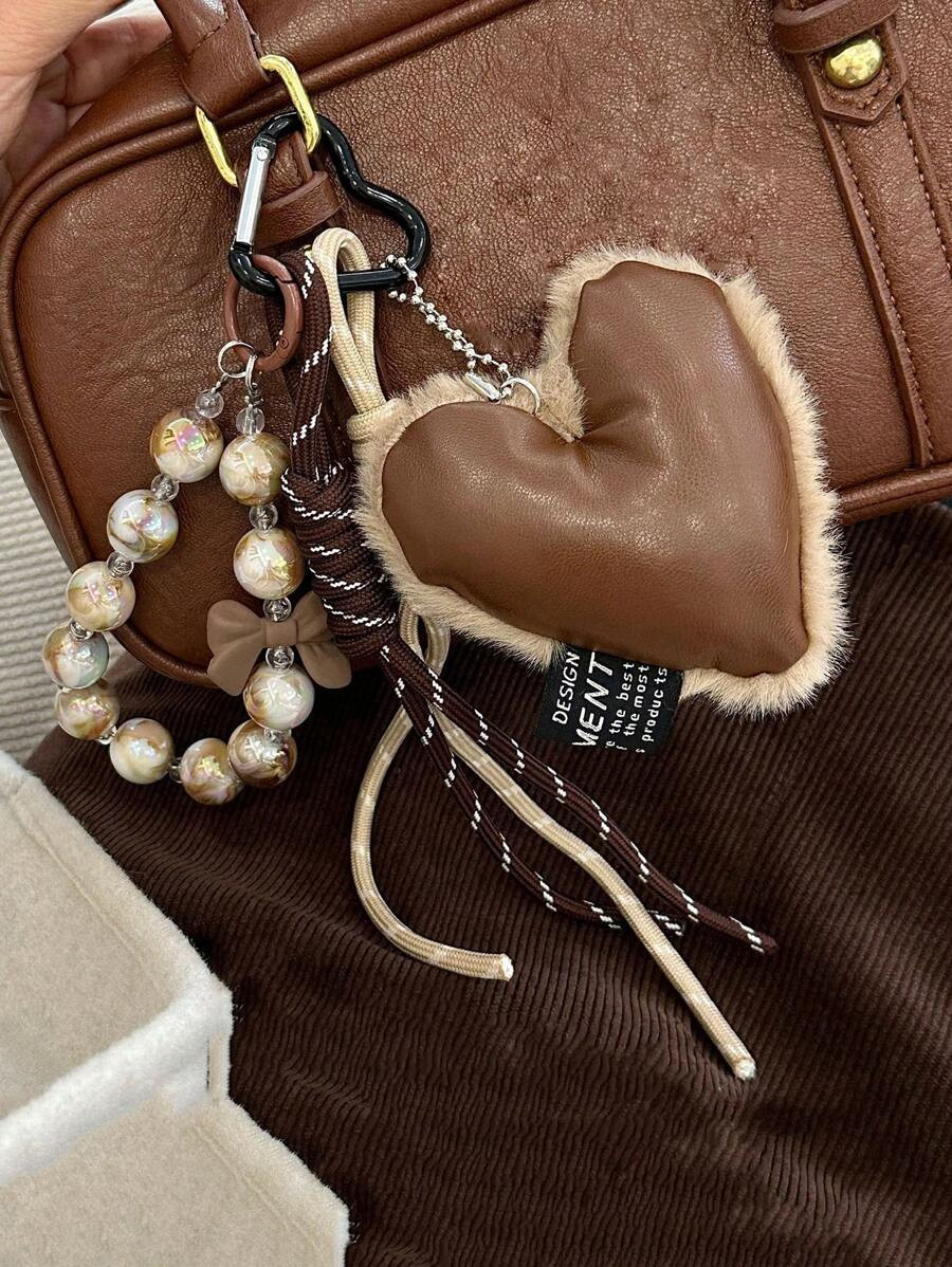Yogodlns Maillard Heart-Shaped Leather Pendant, Sweet Love Keychain Accessory, Handmade Weaving, ... | SHEIN