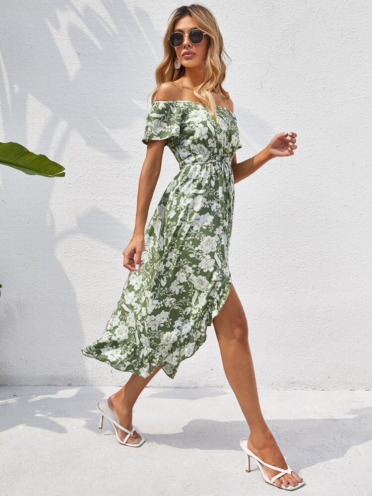 Allover Floral Print Bardot High Low Dress | SHEIN
