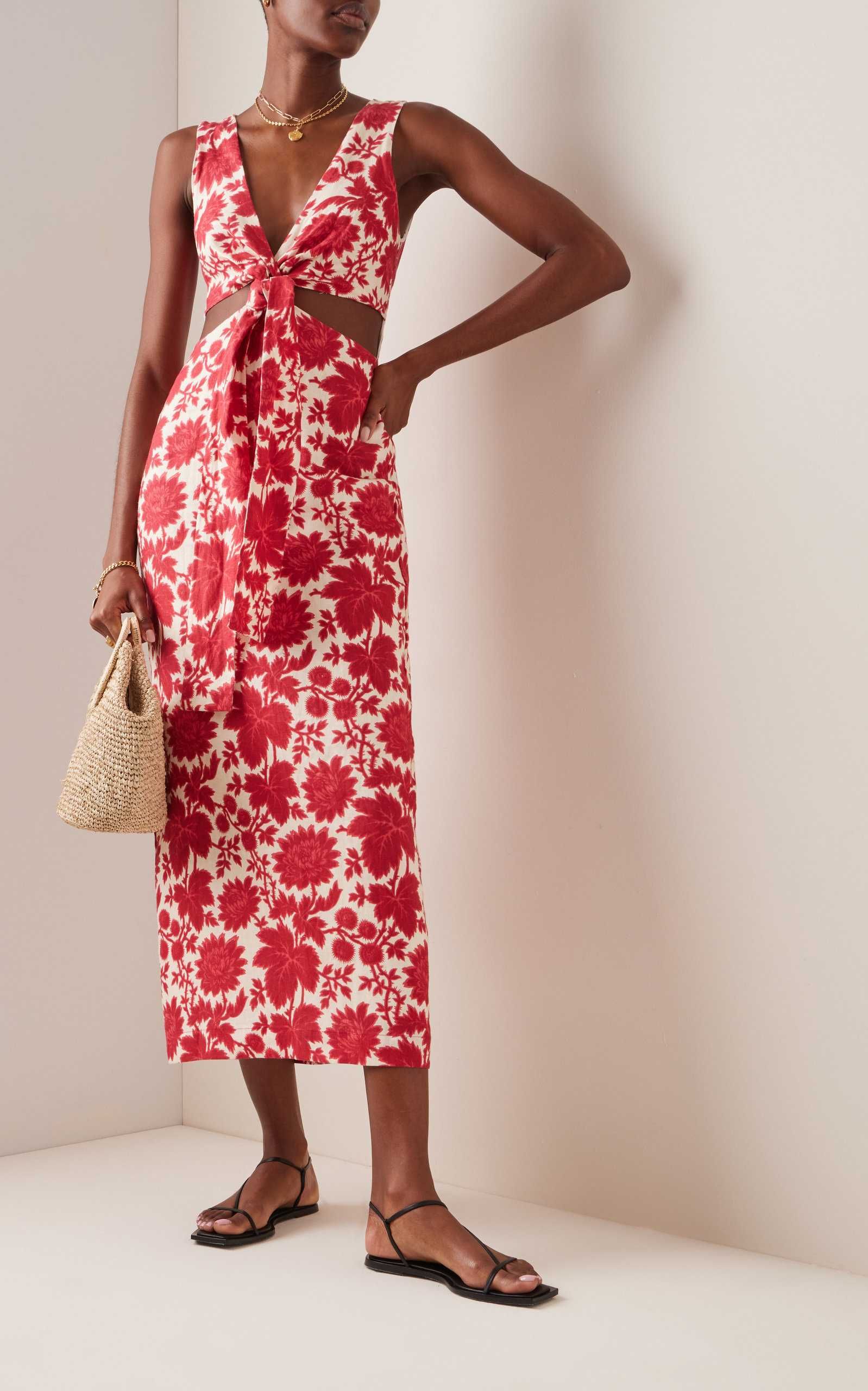 Cinta Tie-Front Floral Linen Midi Dress | Moda Operandi (Global)