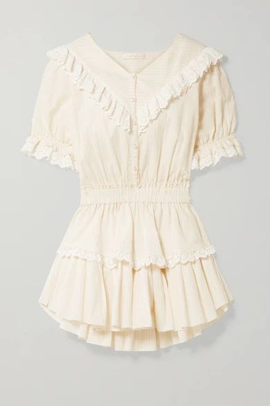 LoveShackFancy - Nanette Broderie Anglaise-trimmed Striped Cotton-voile Mini Dress - Beige | NET-A-PORTER (US)