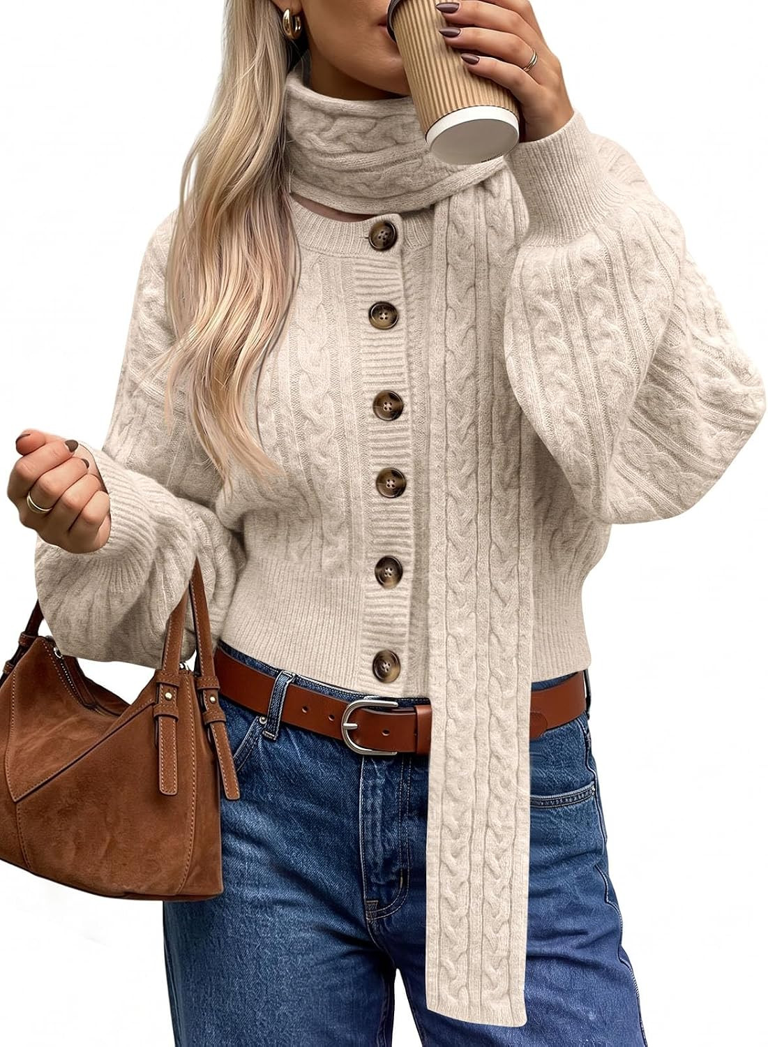 Saodimallsu Womens Cable Knit Button Up Cropped Cardigan Sweater with Scarf | Amazon (US)