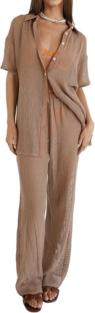 Women Pleated Casual 2 Piece Pants Set Button Down Shirt High Waist Pants Outfits Summer Streetwe... | Amazon (US)