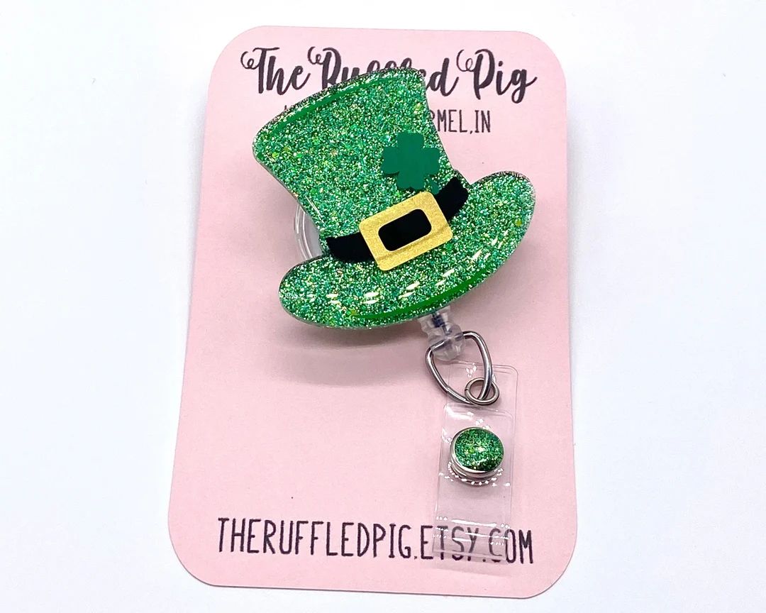 St Patrick’s Hat Retractable Badge Reel, Lucky Holiday ID Holder, March Glitter Holiday RN Key ... | Etsy (US)
