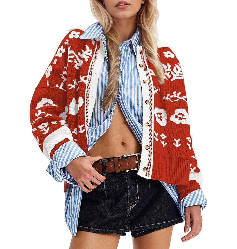 MISSACTIVER Floral Print Button Down Cardigan Sweaters for Women Long Sleeve V Neck Open Front Kn... | Amazon (US)