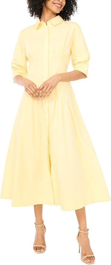 Vince Camuto Women's 3/4 Sleeve Button Up Maxi Pleated Shirt Dress | Amazon (US)
