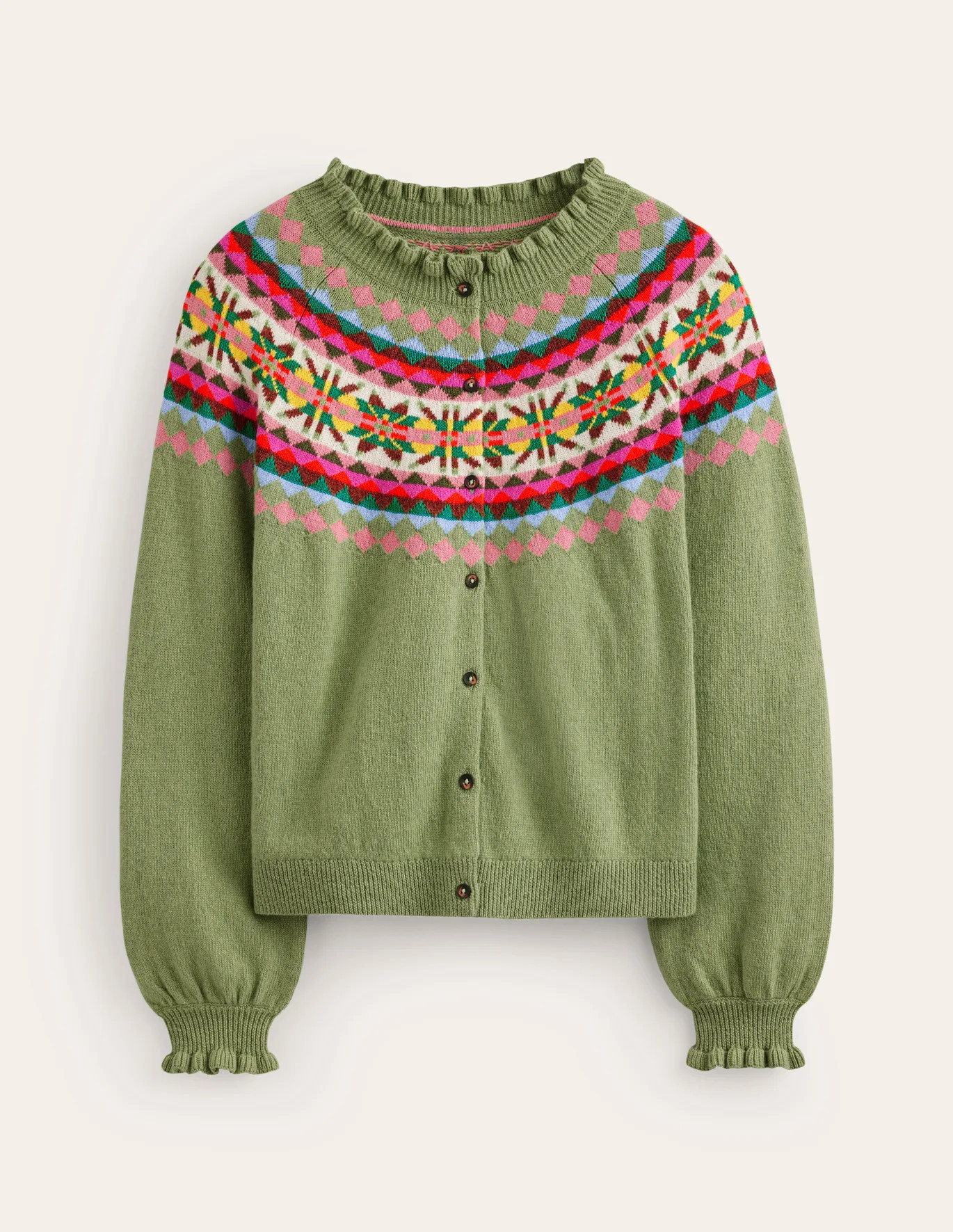 Fae Fair Isle Frilled Cardigan - Green | Boden US | Boden (US)