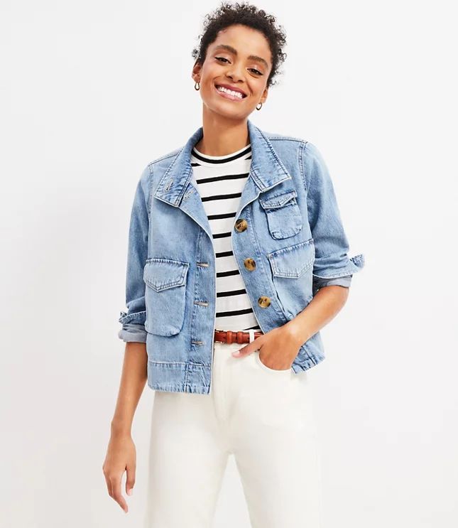 Petite Denim Utility Jacket in Light Indigo Wash | LOFT