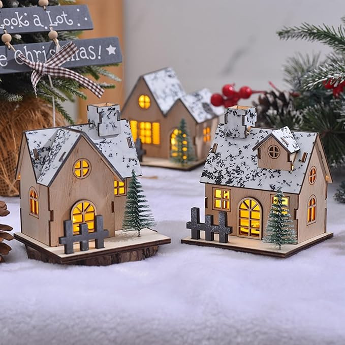 3Pcs Christmas Village Houses Decor,Small Glowing Wooden Houses Set with Lights Christmas Table C... | Amazon (US)