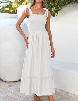 ZESICA Women's 2025 Summer Boho Spaghetti Strap Square Neck Solid Color Ruffle A Line Beach Long ... | Amazon (US)