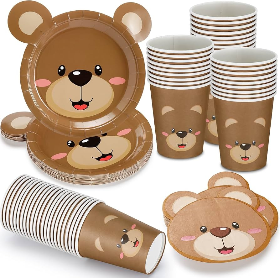 Yungyan 98 Pcs Brown Bear Party Tableware Set for 24 Guests, Included 24 Bear Baby shower Paper P... | Amazon (US)