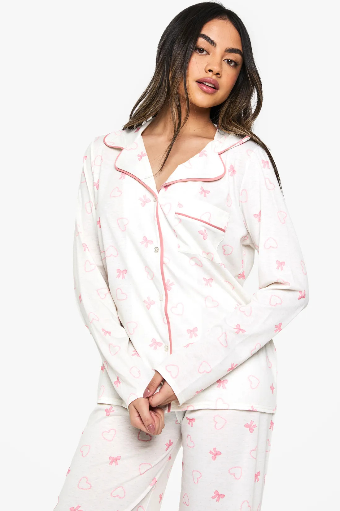 Bow Print Piping Detail Long Sleeve Shirt & Trousers Pyjama Set | Boohoo.com (UK & IE)