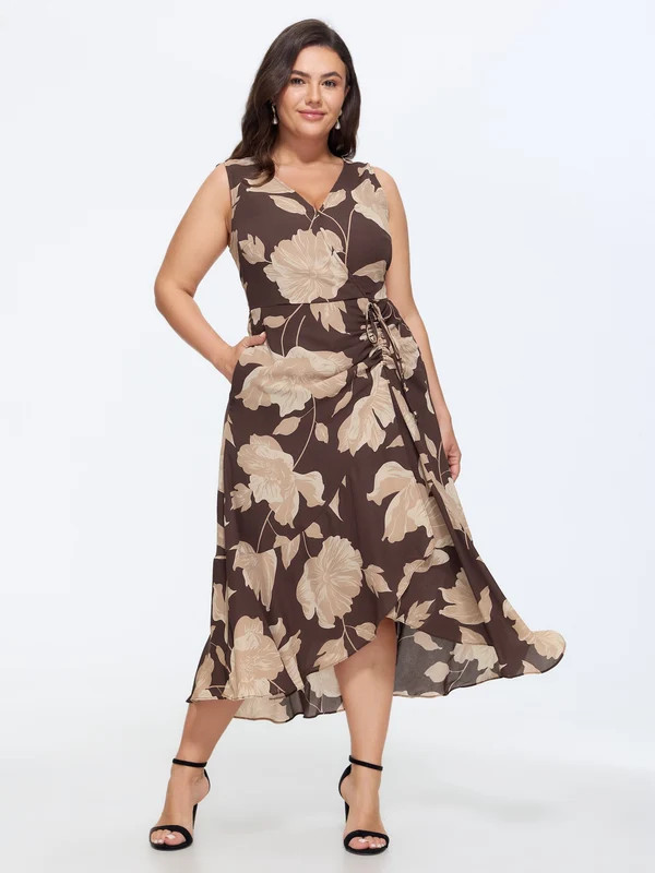 Floral Wrap Ruffle Side Drawstring Midi Dress | Bloomchic