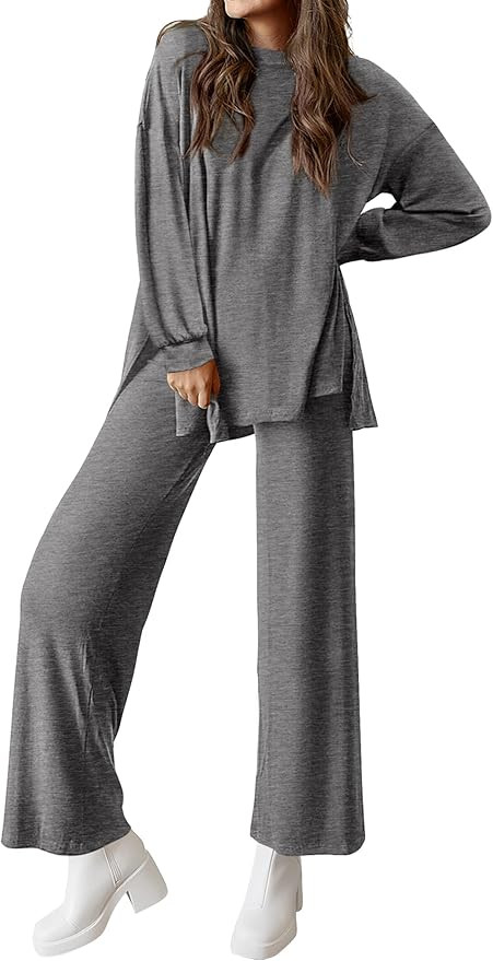 PRETTYGARDEN Womens 2 Piece Outfits Crewneck Long Sleeve Pullover Tops Wide Leg Long Pants Casual... | Amazon (US)