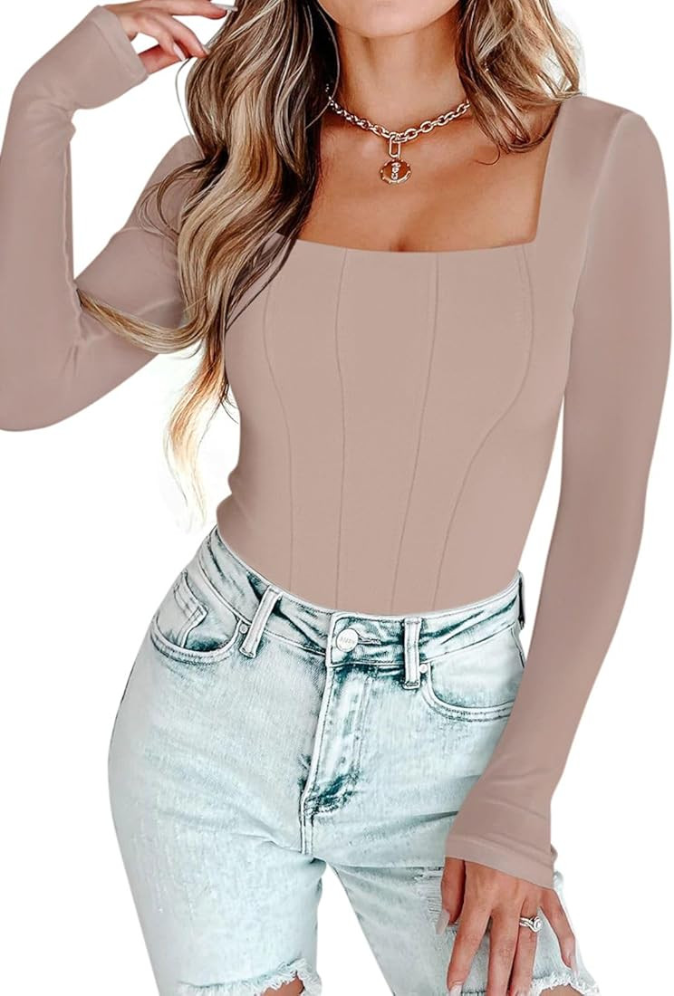 PINKMSTYLE Womens Square Neck Mesh Long Sleeve Bodysuit Shapewear Corset Tops Sexy Concert Outfit... | Amazon (US)