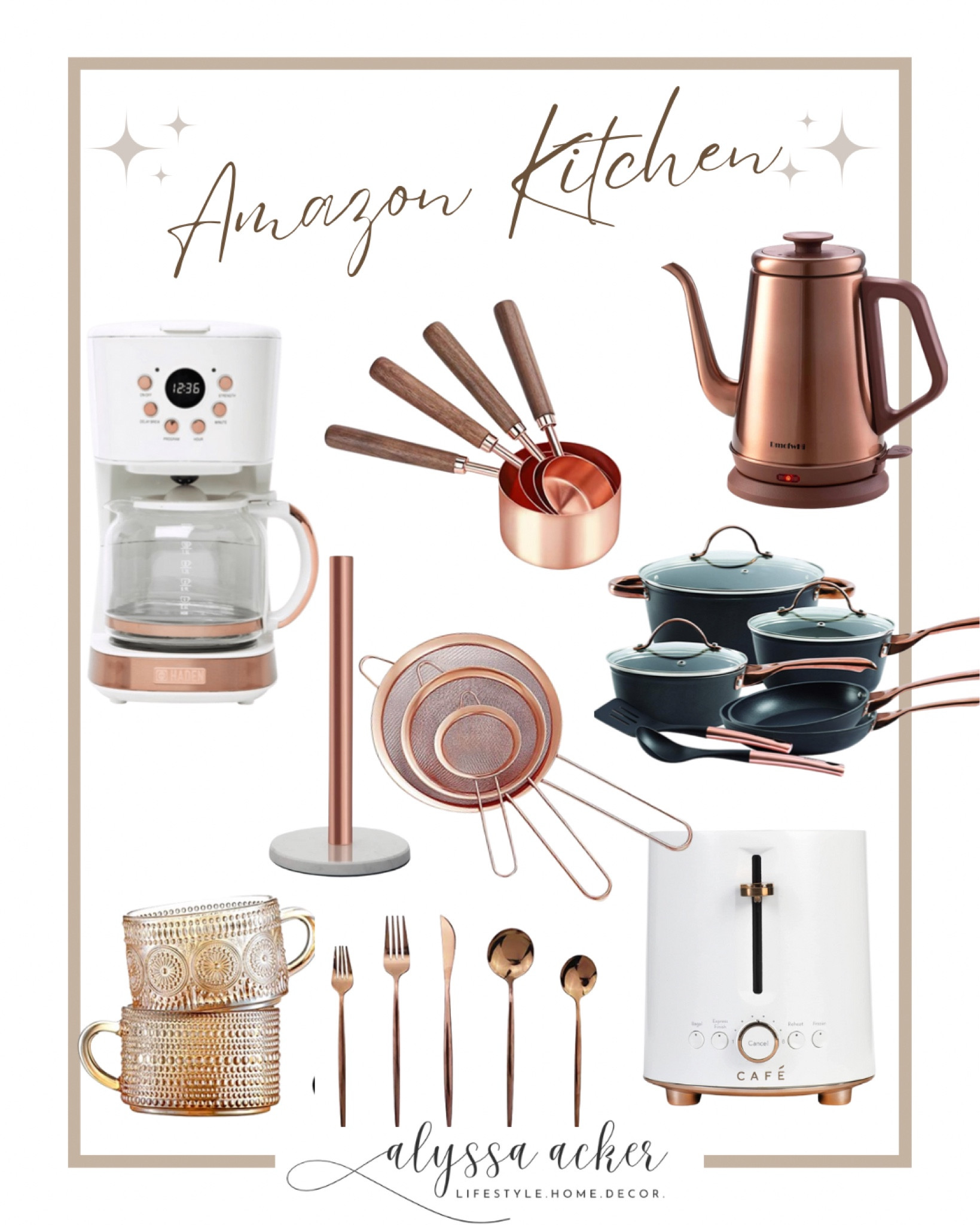 Stunning Amazon rose gold inspired kitchen essentials! 

Electric Tea Kettle
Measuring Cups 
White Coffee Maker 
Cafe Kitchen Appliances 
Rode Gold Utensils 
Pots & Pans 
Amazon Home

#LTKhome #LTKbeauty #LTKstyletip