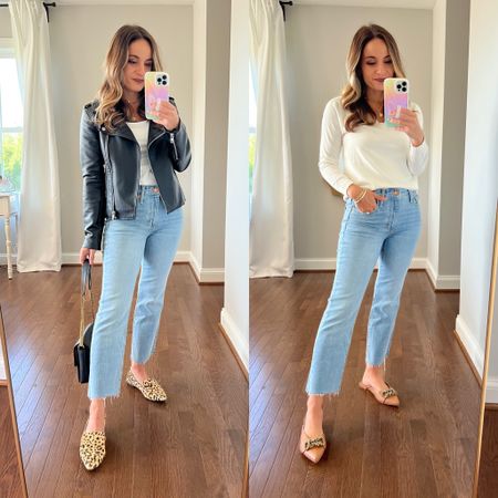 Target jeans two ways 

Jeans 00 short 
White sweater: petite xxs 
White top petite xxs 
Black jacket petite xs (similar) 
Mules size up 1/2 size 
Leopard shoes are similar 

#LTKstyletip