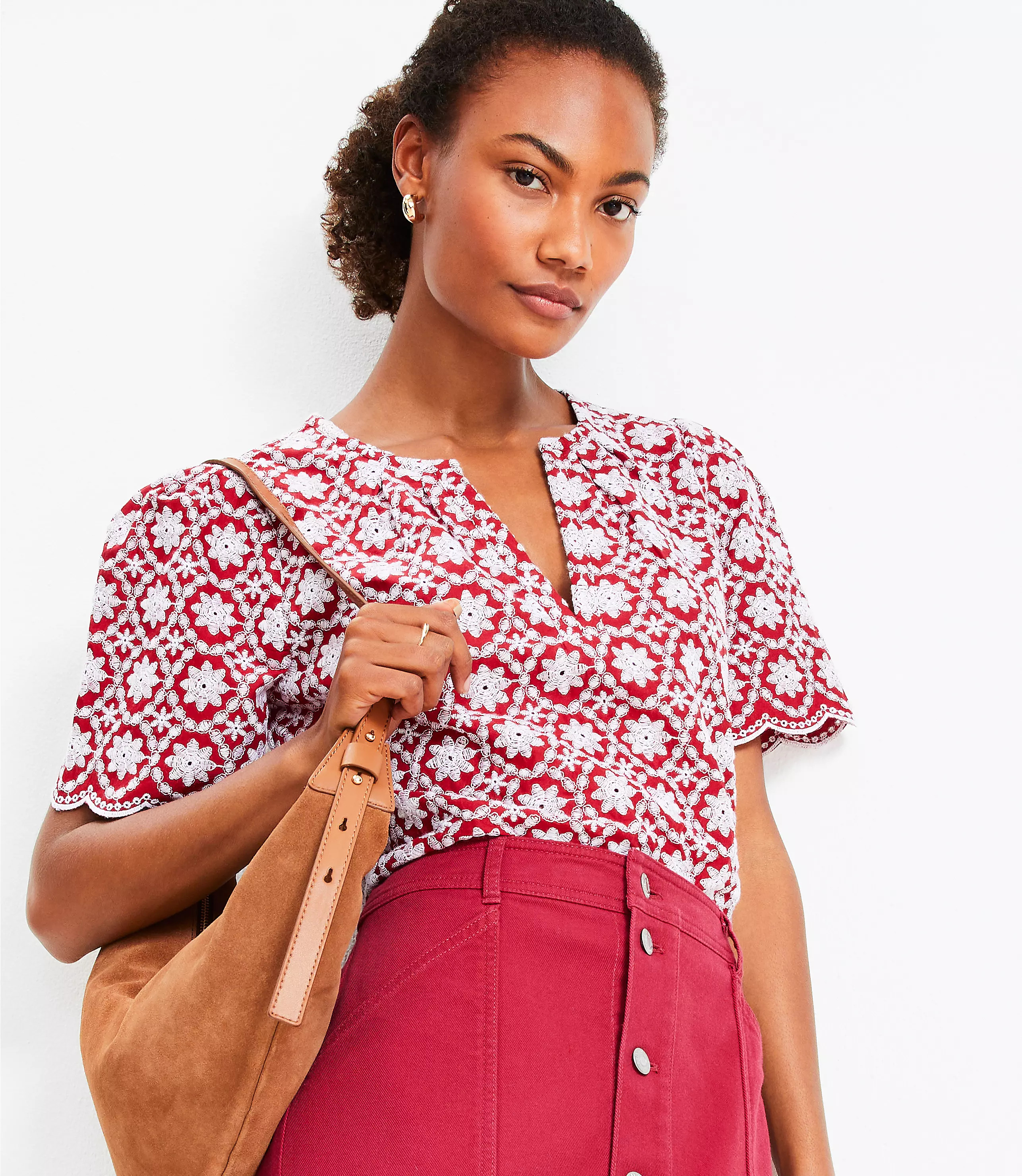 Floral Embroidered Scalloped Blouse | LOFT