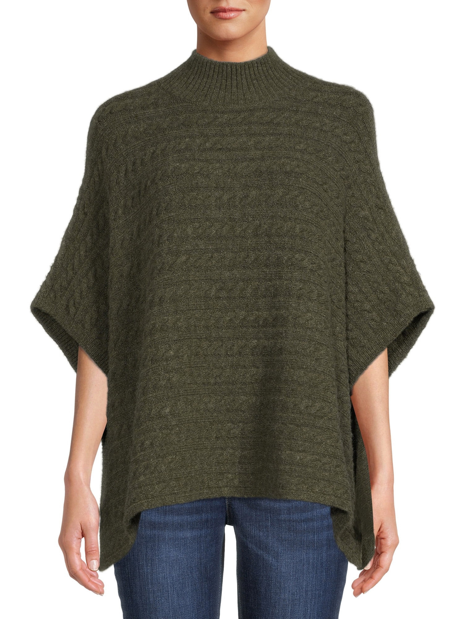 BeachLunchLounge Women's Mock Neck Cable Knit Poncho - Walmart.com | Walmart (US)