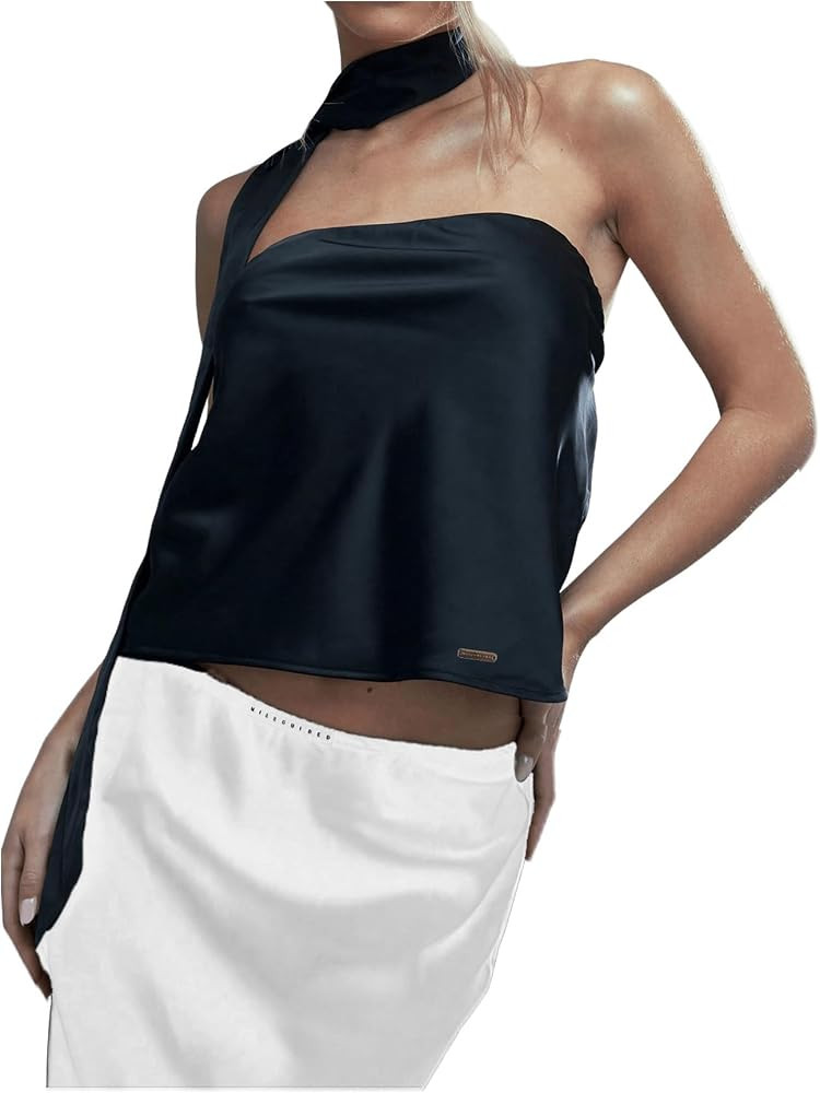 MakeMeChic Women's Silk Sleeveless Plain Bandeau Shirt Tube Crop Top with Scarf | Amazon (US)