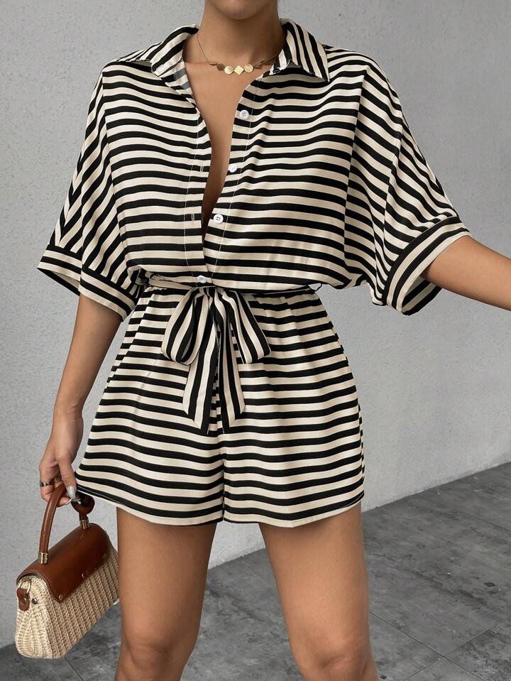 Chiquease Striped Batwing Sleeve Women's Front Button Casual Jumpsuit For Summer | SHEIN