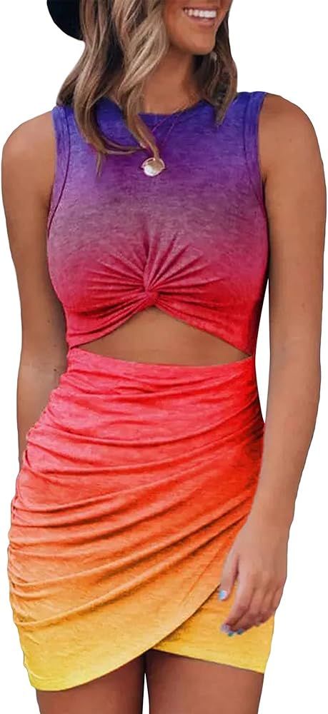 BTFBM Women 2024 Summer Sleeveless Casual Crewneck Bodycon Tank Dress Cutout Twist Slim Wrap Club... | Amazon (US)