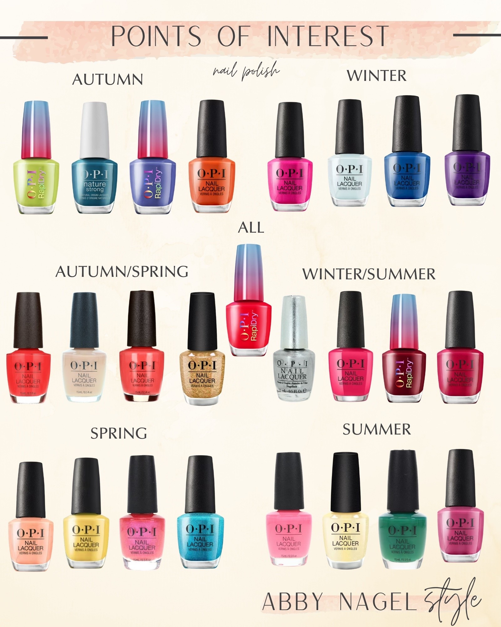 Updated. 

All: Haul Sass: Bright Sass

Autumn Screen-Grab Green, All Hail Queen Mother Earth, Suzi Needs a Loch-Smith, To Dry For

Winter: La Paz-Itively, Suzi without a Paddle, Mu Casa Es Blue Casa, Purple with a Purpose

A/S: Cajun Shrimp, Samoan Sand, Live Love Carnival, Five Golden Flings

W/S: Series Radiance, Charged Up Cherry, Skip a Beet, Red-Veal Your Truth

Spring: Crawfishin’ for a Compliment, Daffodil Duck Walk, Hidden Prism She's a Prismaniac, Teal the Cows Come Home

Summer: Buttafly, Pink-ing of You, Rated Pea-G, Aurora Berry-alis