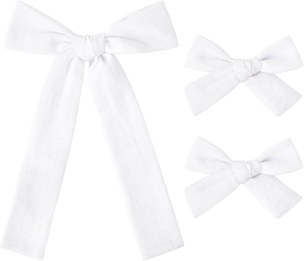 DEEKA White Cotton Linen Hair Bows 2 Sizes 5"&3.5" Soft Hair Bow set for Toddler Girls Long Ponyt... | Amazon (US)