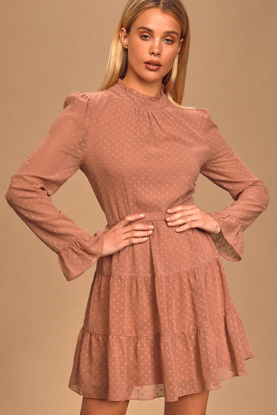 Fairytale Roam-ance Rusty Rose Swiss Dot Long Sleeve Mini Dress | Lulus (US)