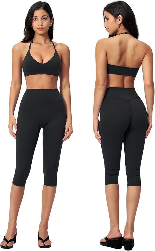 ABOCIW Capri Workout Sets for Women V Neck Halter Sports Bra High Waist Capri Leggings 2 Piece Yo... | Amazon (US)