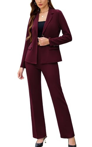 Women's 2 Piece Suits Business Casual Outfits Long Sleeve Solid Blazer with Pants Professional Office Work Sets Burgundy | Amazon (US)