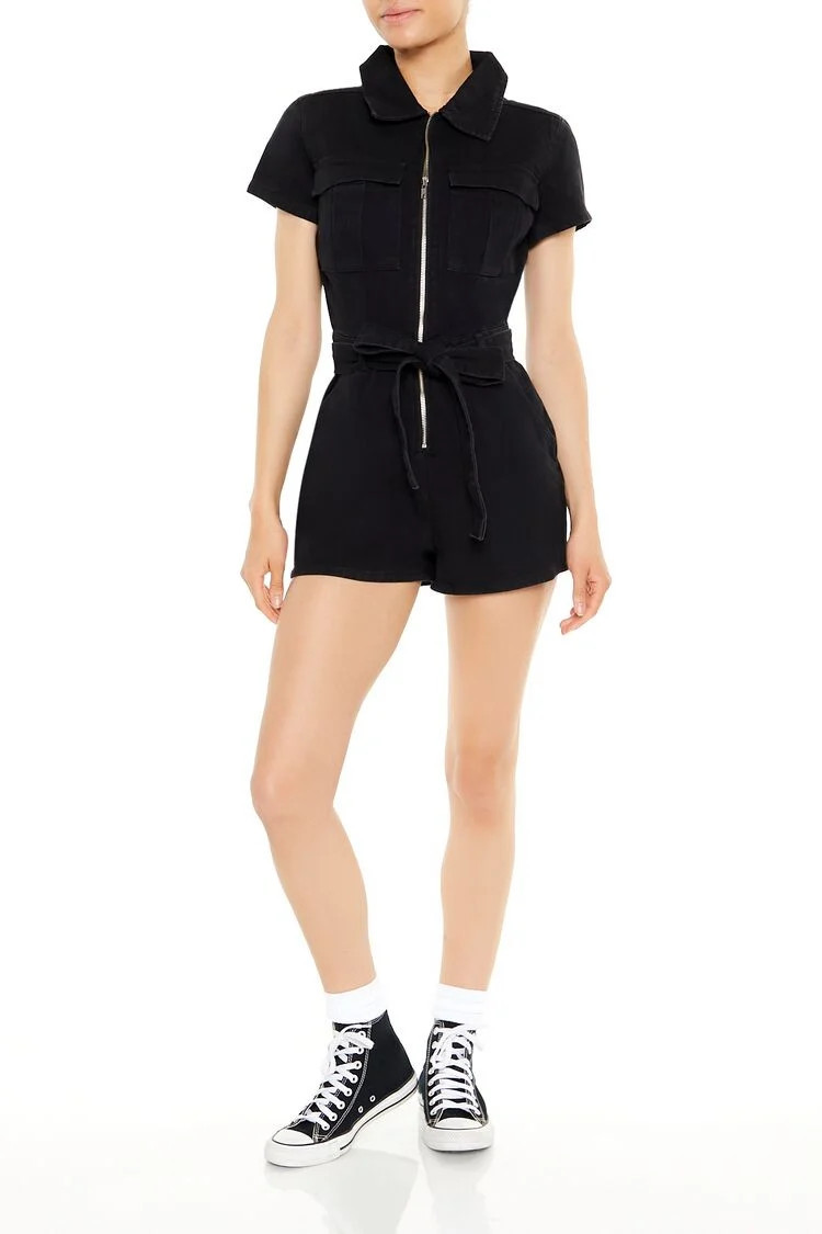 Zip-Up Tie-Waist Denim Romper | Forever 21