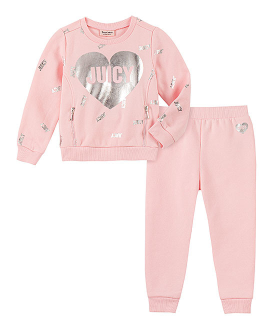 Juicy Couture Girls' Casual Pants 2014 - Pink & Silver Heart Logo Sweatshirt & Sweatpants - Infant,  | Zulily