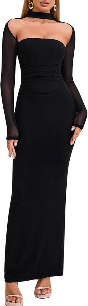 HTZMO Women Long Sleeve Bodycon Maxi Dress Halter Neck Ruched Elegant Wedding Guest Formal Long D... | Amazon (US)