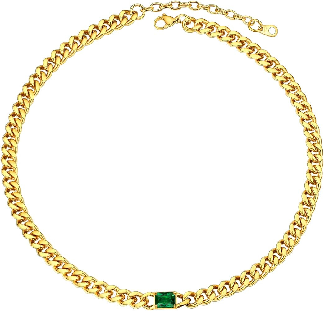 PROSTEEL Gorgeous Cubic Zirconia 7mm Cuban Link Choker 16 inch, Customize Birthstone Chain Jan - Dec | Amazon (US)