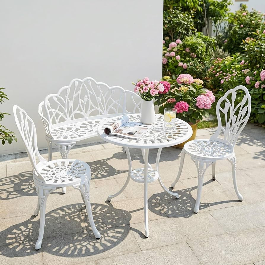 Outdoor 3-Piece Cast Aluminum Bistro Set w/Umbrella Hole and Loveseat Garden Bench, Rust-Proof Bi... | Amazon (US)